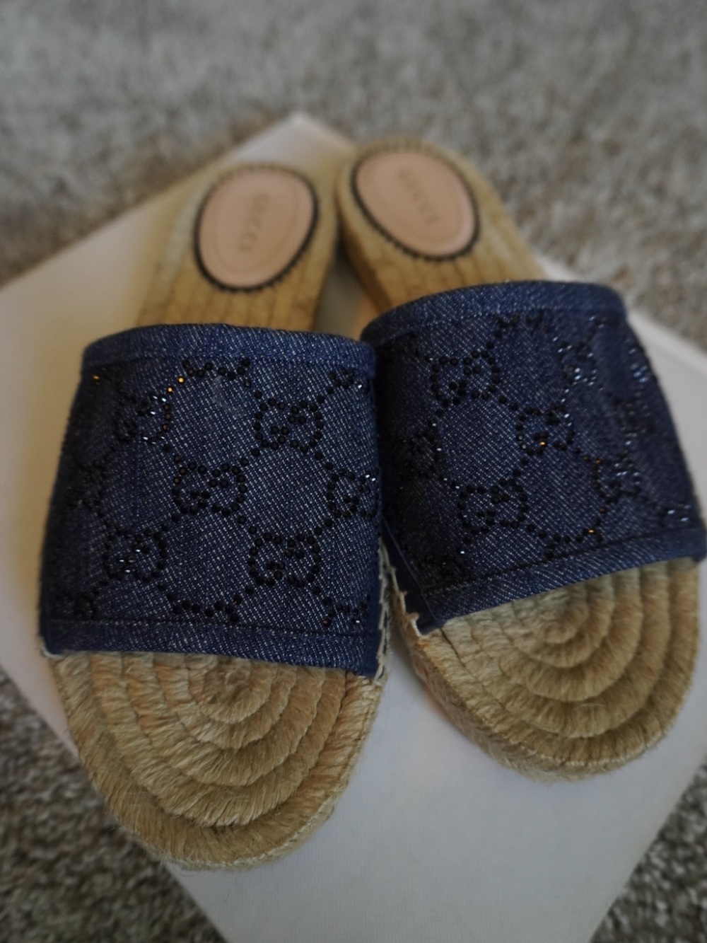 AUTHENTIC GUCCI PILAR GG CRYSTAL ESPADRILLE SANDALS - Denim
